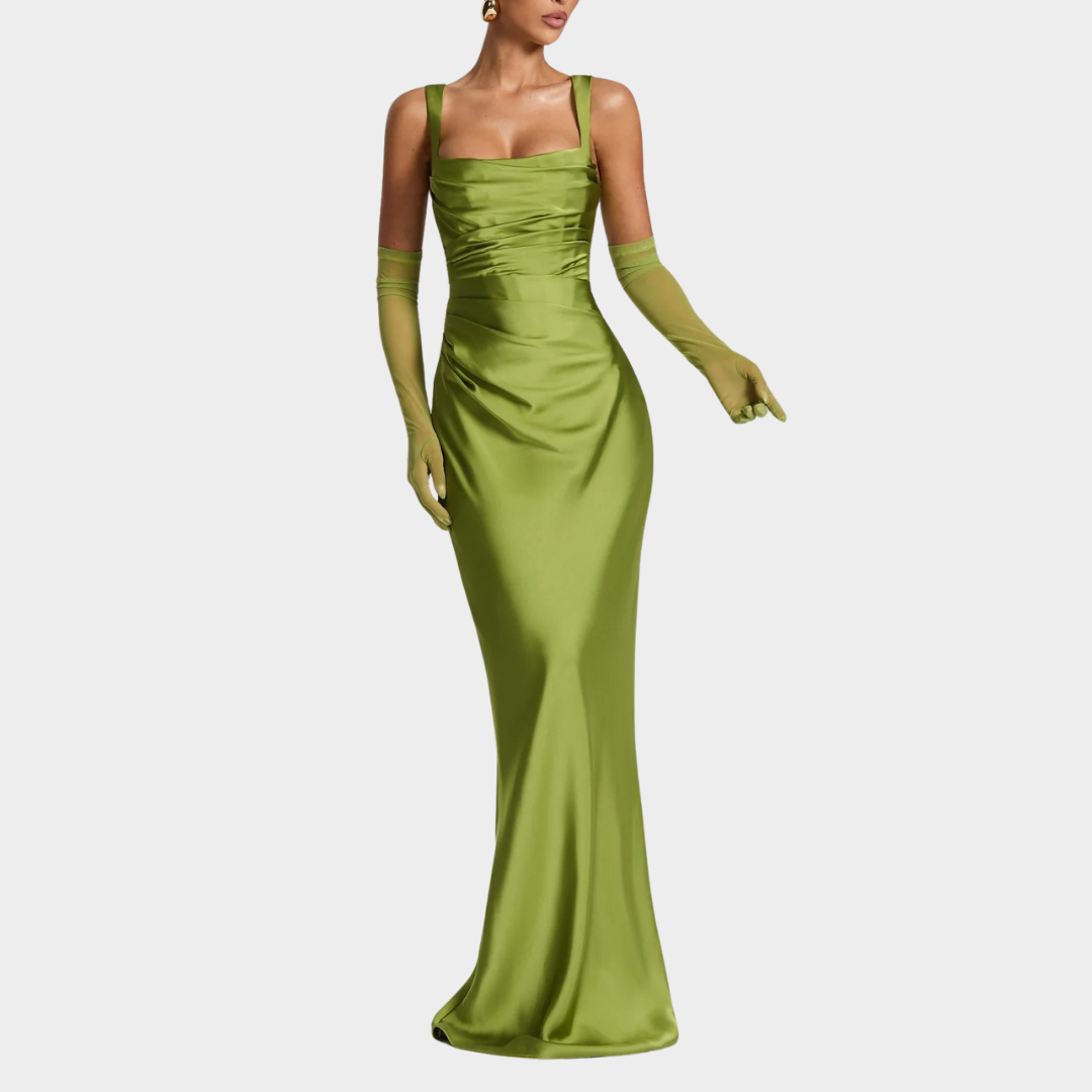 Women Slim Fit Satin Maxi Dress – Elegant Long Dress with Pleated Bodice Square Neckline and Lace Up Back – Multiple Colours