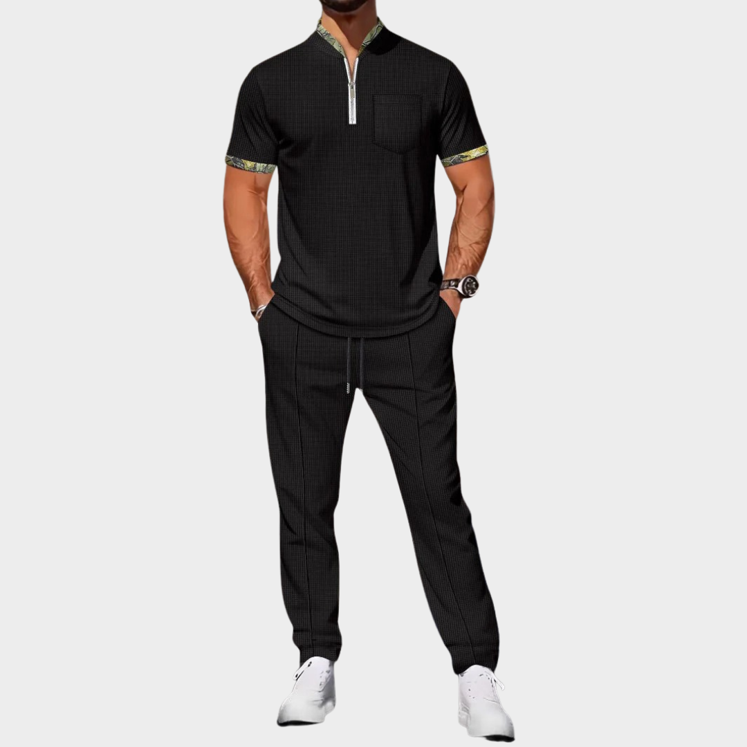 Men's Co-Ord Set – Waffle Textured Stand Collar Half-Placket Shirt with Colour Block Cuffs and Matching Shorts – Multiple Colours