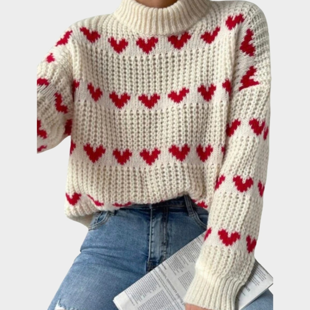 Women’s Baggy Knitted Sweater - Love Heart Jacquard, Long Sleeve Mock Neck Pullover, White