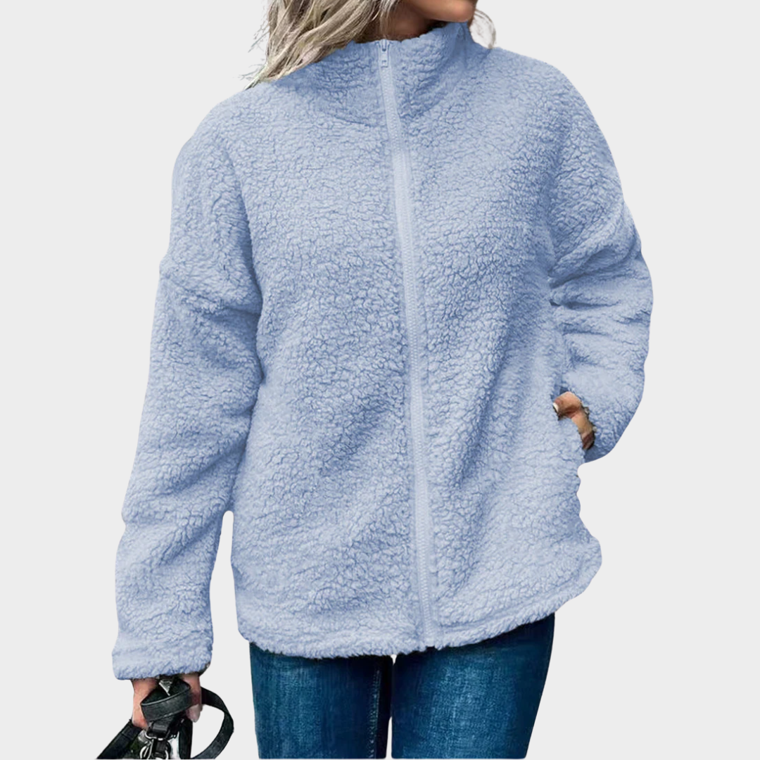 Women’s Oversized Fleece Coat – Wool Blend Casual Jacket with Stand Collar and Zip Front – Multiple Colours