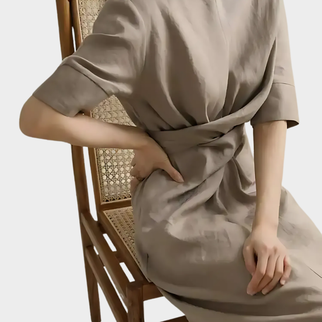 Women's Minimalist Fashion Dress – Half Sleeve O-Neck Irregular Lace-Up Fit – Cotton-Polyester Blend – Light Brown