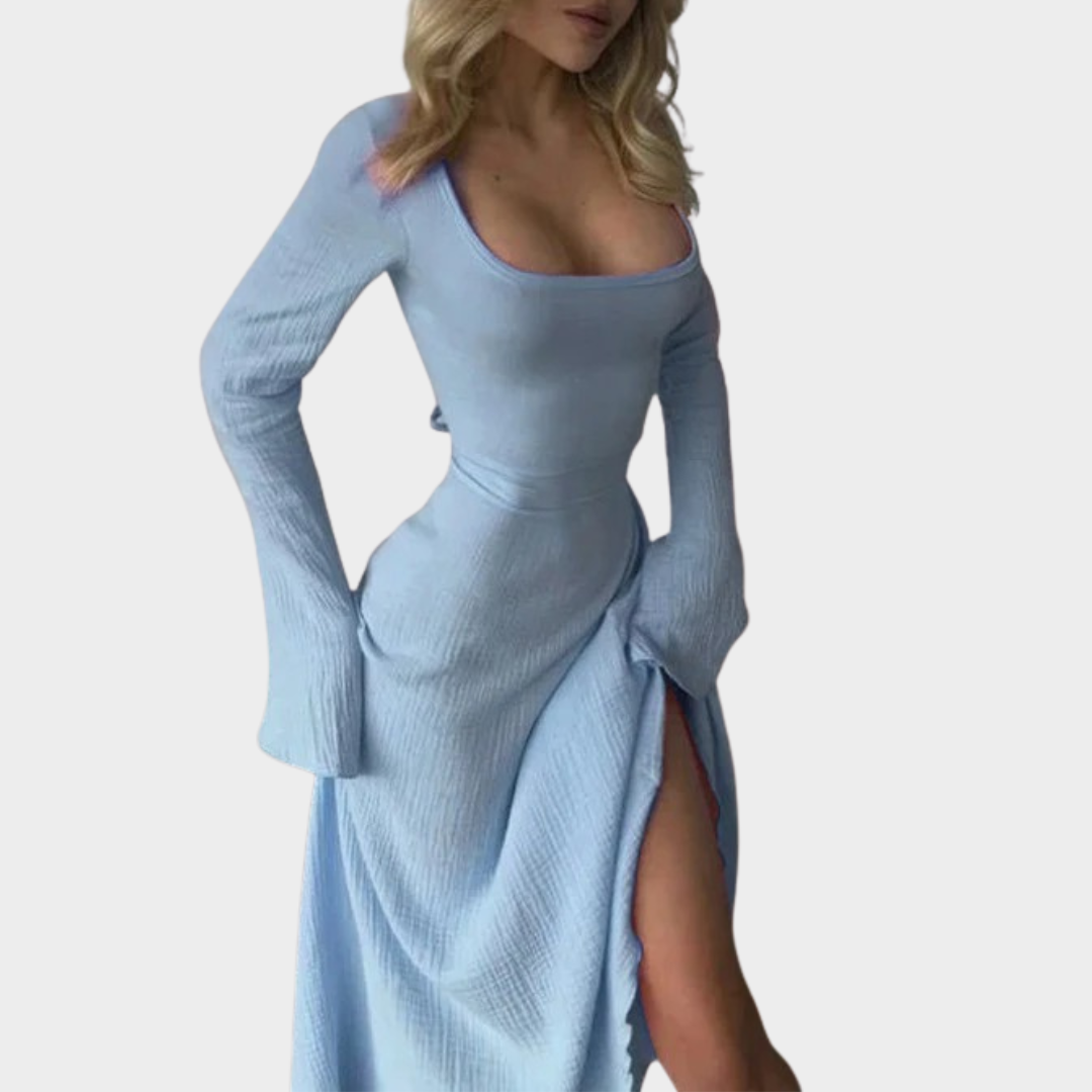 Women Long Dress – Slim Fit Bodycon with Lace Up Detailing – Low Cut V Neck – Long Sleeves and Slit Hem – Elegant Evening Party Wear – Multiple Colours