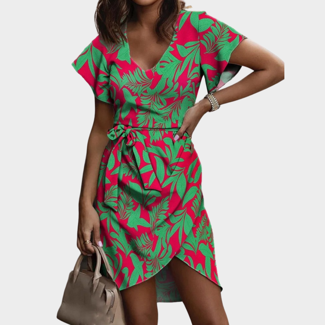 Women's V-Neck Print Short Sleeve Dress – Elegant Casual Fit – Lightweight Fabric – Boho Style – Multiple Colours
