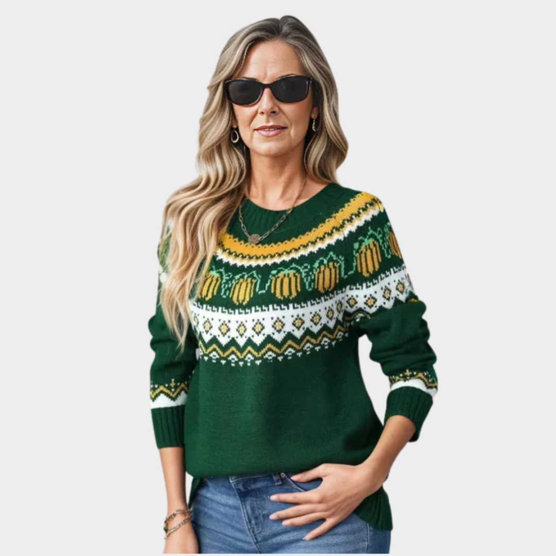 Women's Vintage Knitted Winter Sweater – Geometric Jacquard Pattern, Cozy Holiday Look in Beige, Navy Blue, and More