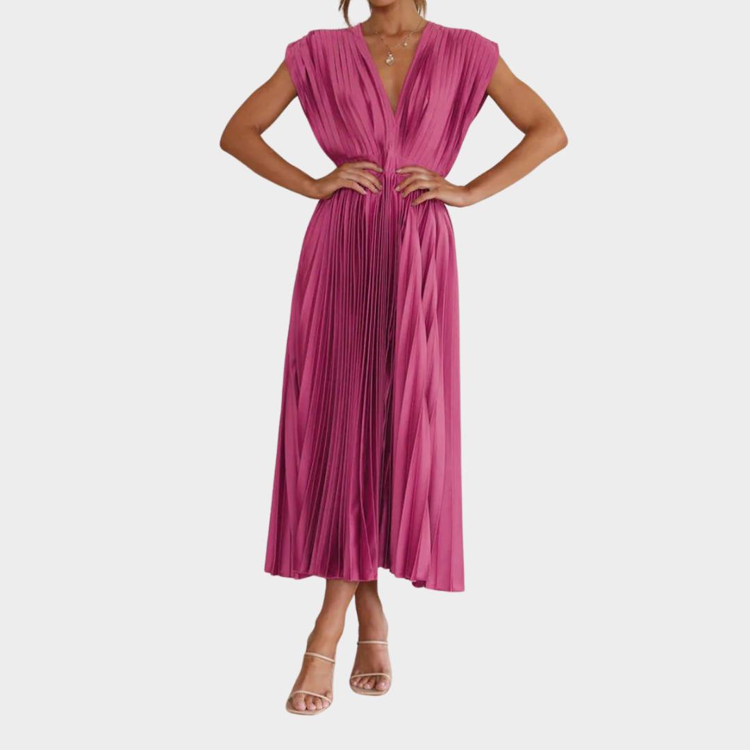 Women’s Pleated Maxi Dress – Sleeveless V-Neck Flowing Silhouette – Elegant Rayon Blend – Multiple Colours
