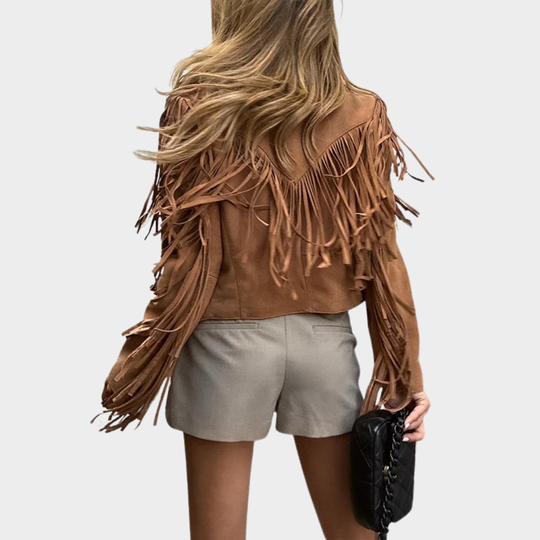 Women’s Slim Fit Leather Jacket – Genuine Sheepskin with Tassel & Lace-Up Detail – Kid Suede Finish – Short Moto Style – Brown