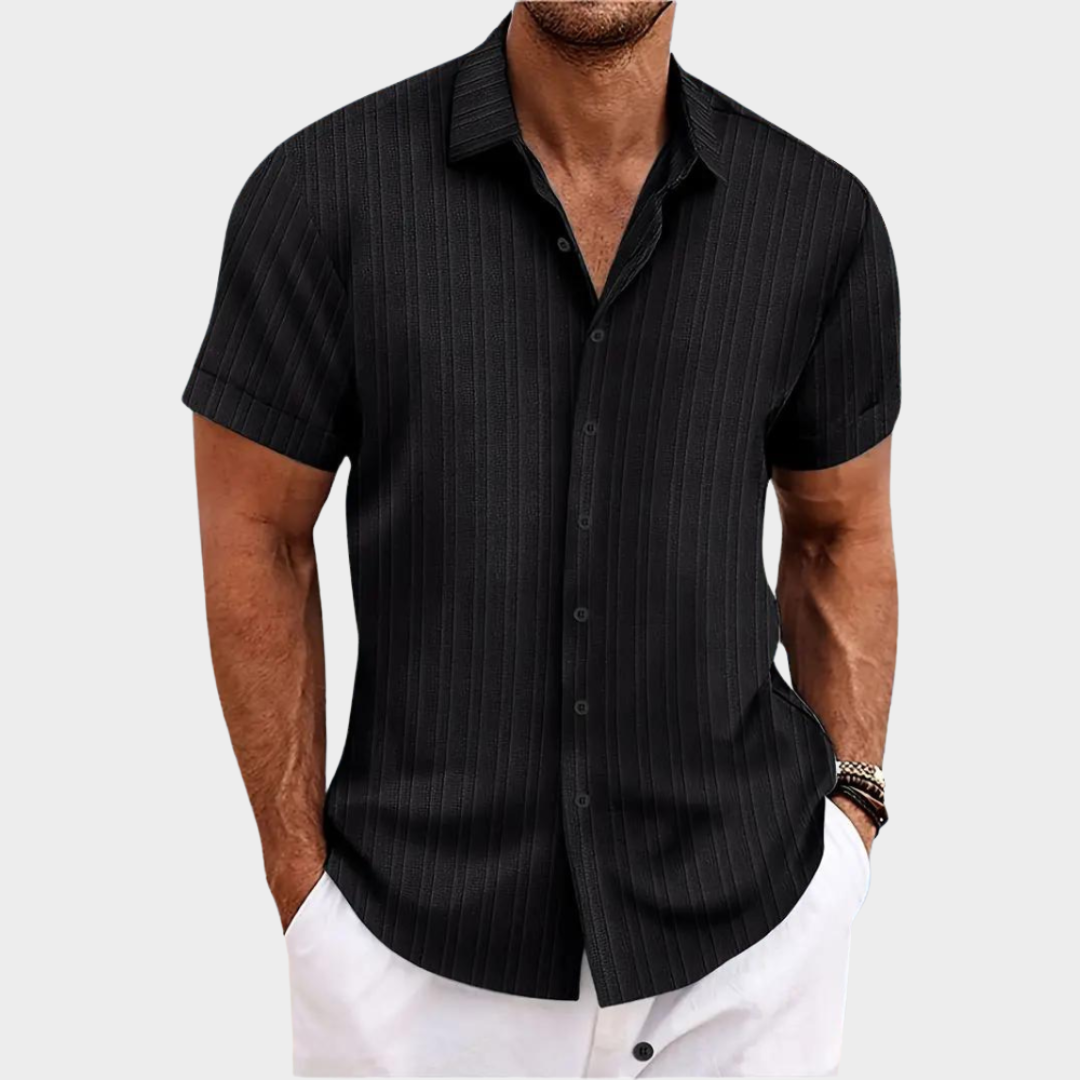 Men's Short-Sleeved Jacquard Shirt - Wave Strip Pattern - Casual Fit Blouse - Multiple Colours