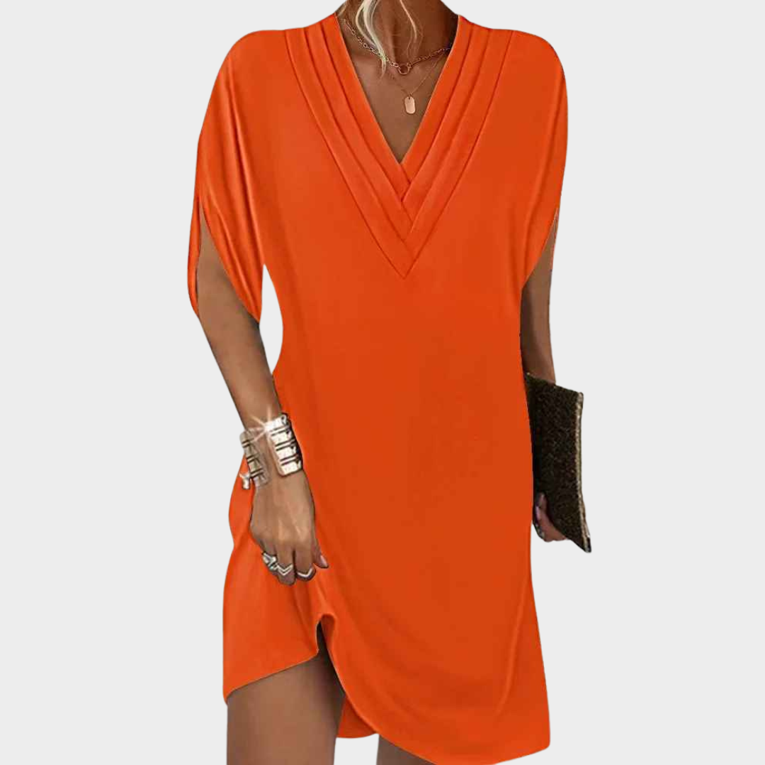Women V-Neck Pleated Dress – Bat Sleeve Loose Fit Solid Colour Elegant Style – Multiple Colours