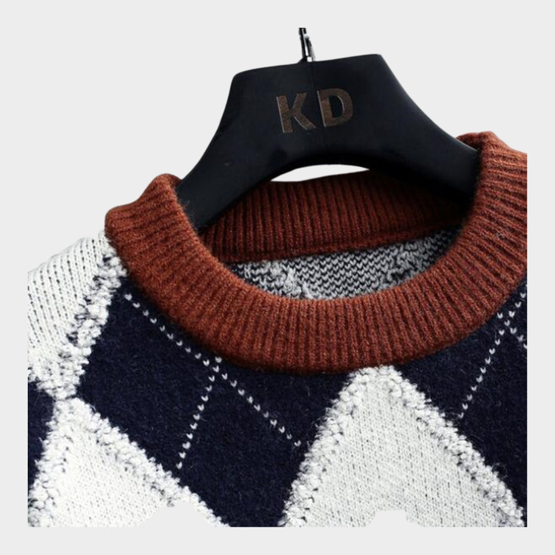 Men's Argyle Knitted Sweater - Warm Cashmere Pullover for Autumn Winter (Green, Navy Blue, Coffee)