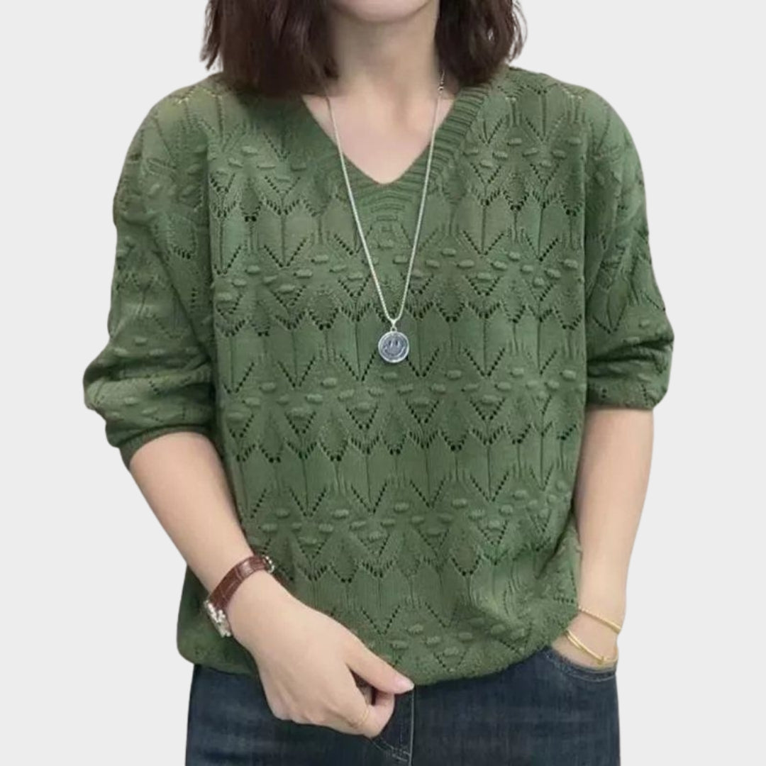 Women’s V-Neck Hollow Out Long Sleeve Knitted Sweater – Loose Fit Spring/Autumn in 5 Colors
