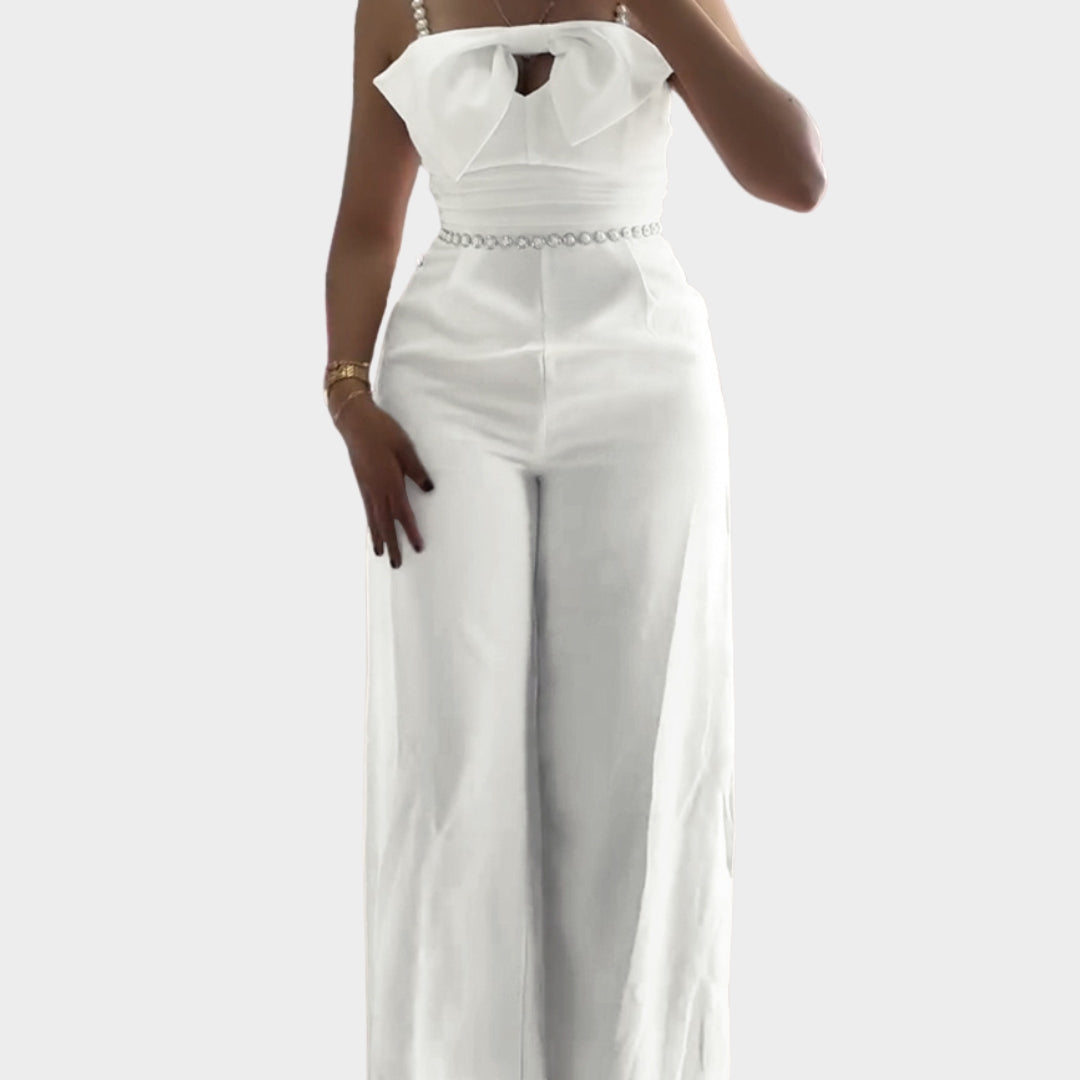 Spring Women’s Elegant Jumpsuit – Bandeau, Beading, Bowknot Design, Ruffles, Slim Fit, Wide Leg, White