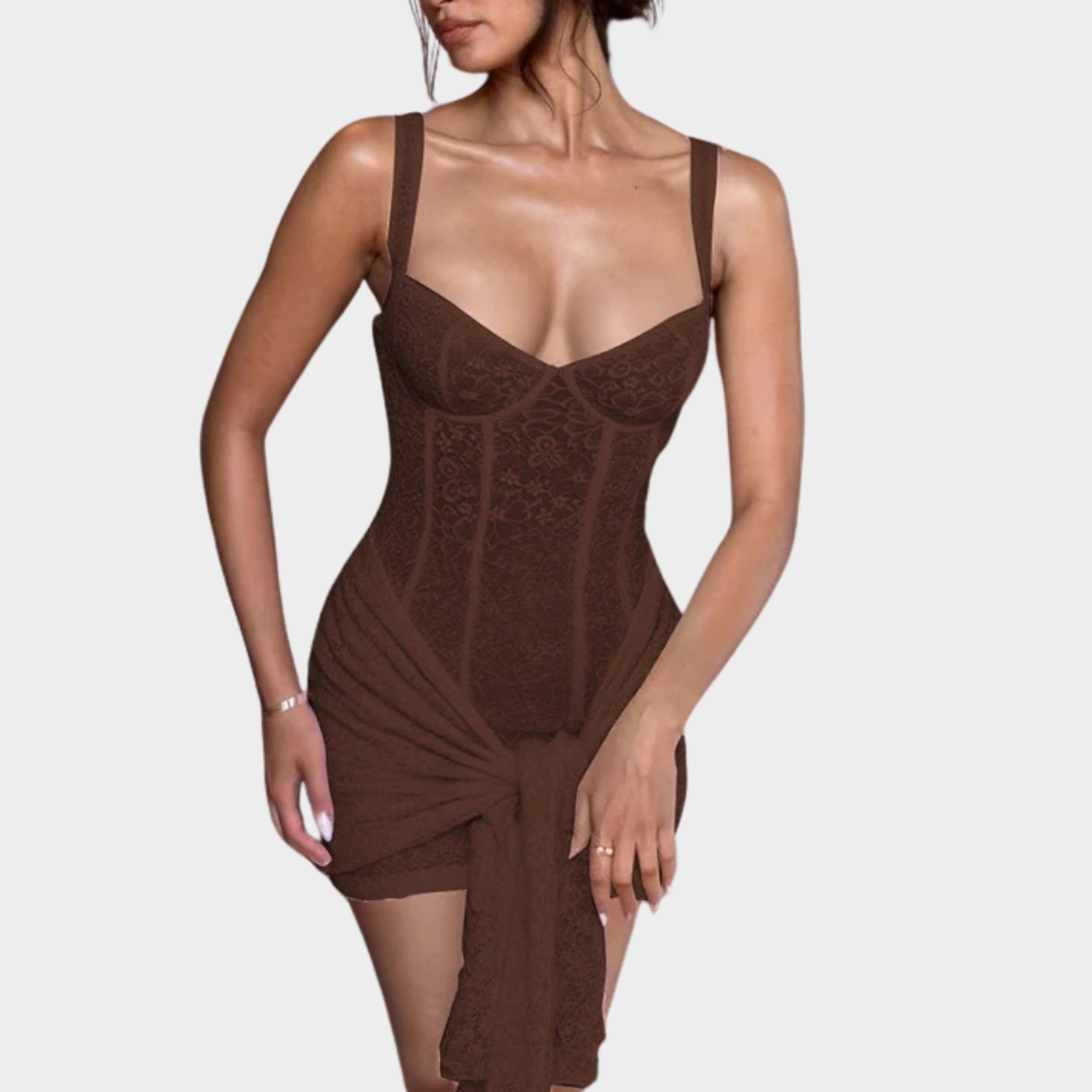 Women Mini Dress – Slim Fit with V-Neck Lace Detailing – Waist Stitching – Adjustable Straps – Hip Hugging Design – Elegant Party Wear – Multiple Colours