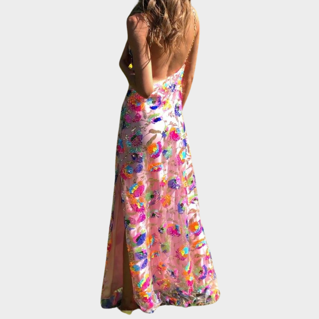 Women's Backless Maxi Dress – Embroidered Sequins – Elegant Floral Design – Flowing Fit – Lightweight Fabric – Multiple Colours