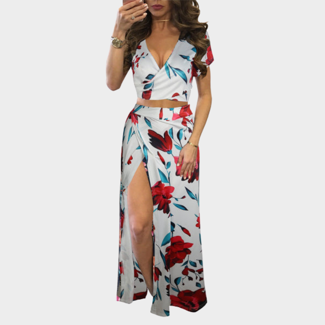 Women's Two-Piece Skirt Set – Floral Print – Crop Top & Slit Skirt – Multiple Colours
