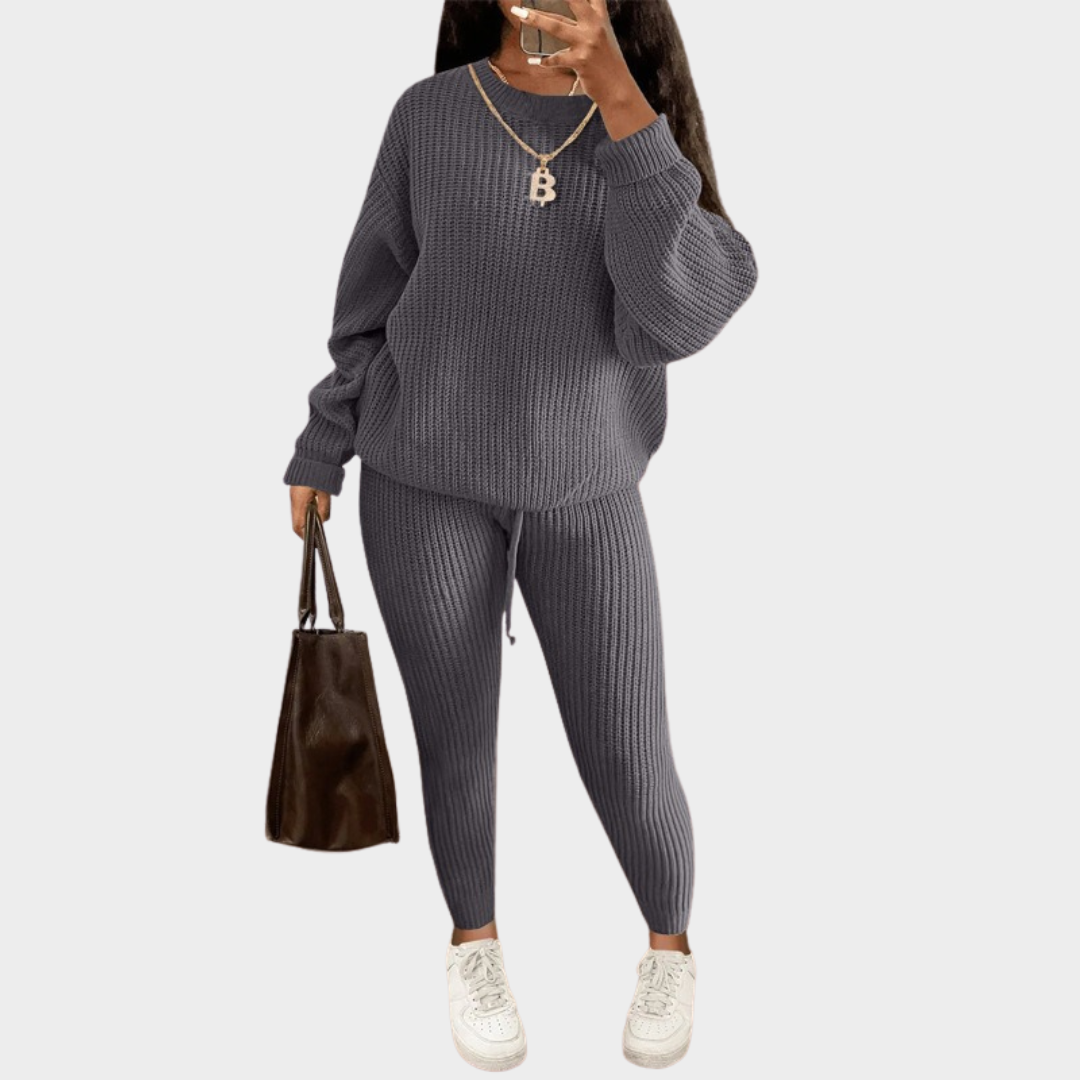 Women Two Piece Knitted Suit – Long Sleeve Top with Matching Pants – Elegant Casual Solid Wool Blend Outfit – Comfortable Fit – Multiple Colours