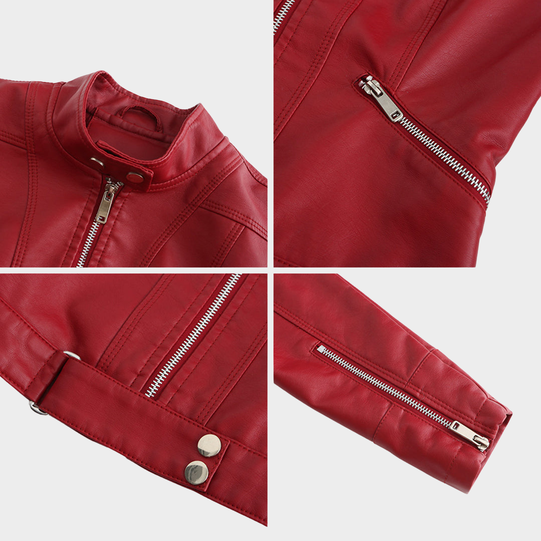 Women's Slim Fit Leather Jacket – Short Length – Stand Collar – Stylish Outerwear – Multiple Colours