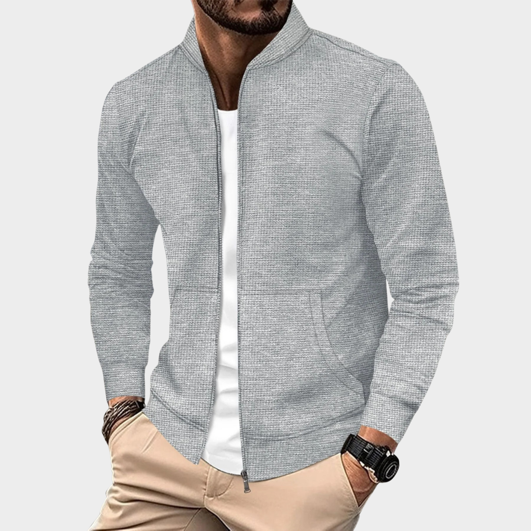 Men’s Slim Fit Cardigan Jacket – Flip Collar Waffle Design Long Sleeve Sportswear with Zipper Pocket – Multiple Colours