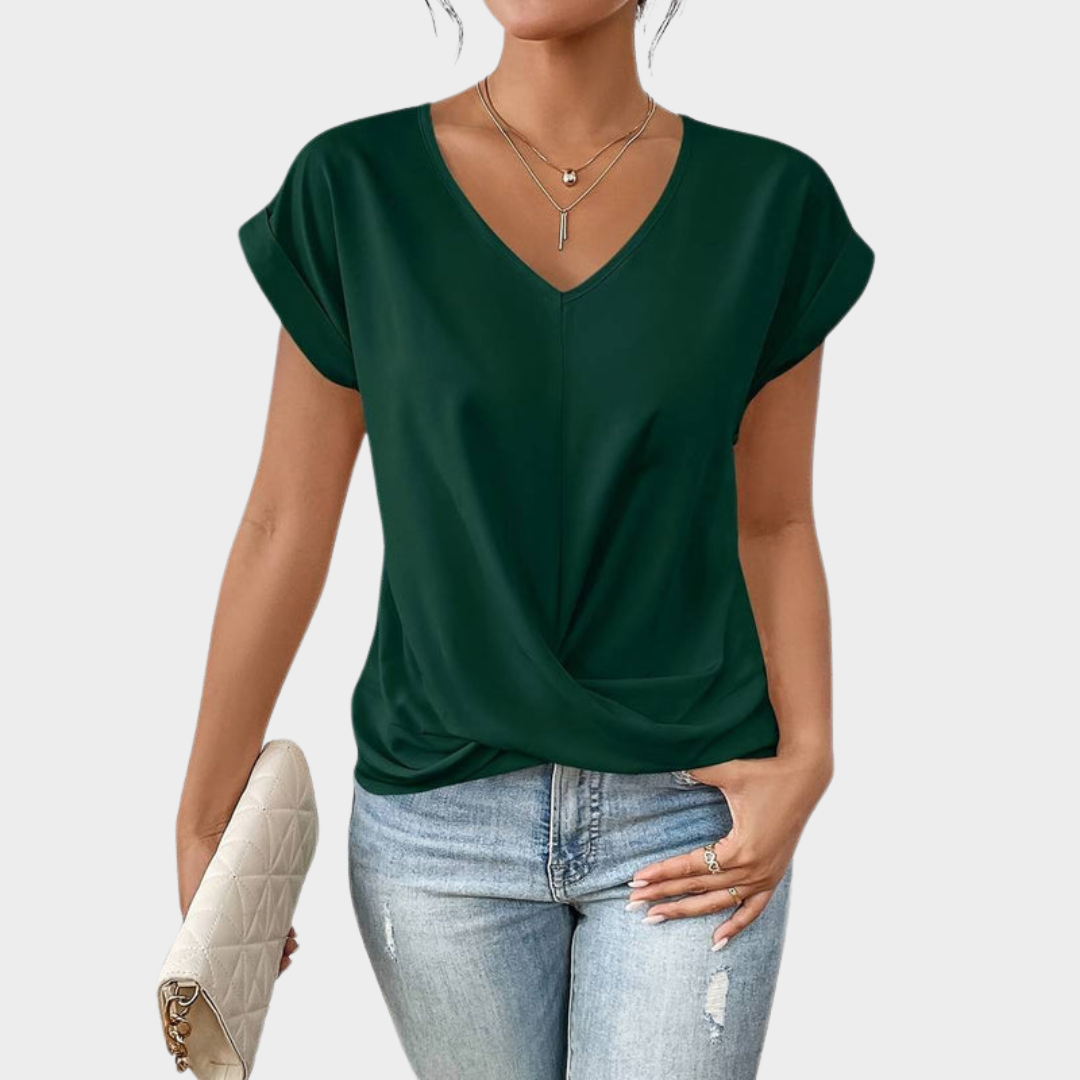 Women's V-Neck T-Shirt – Pleated Hem – Short Sleeve – Casual & Comfy – Soft Fabric – Multiple Colours