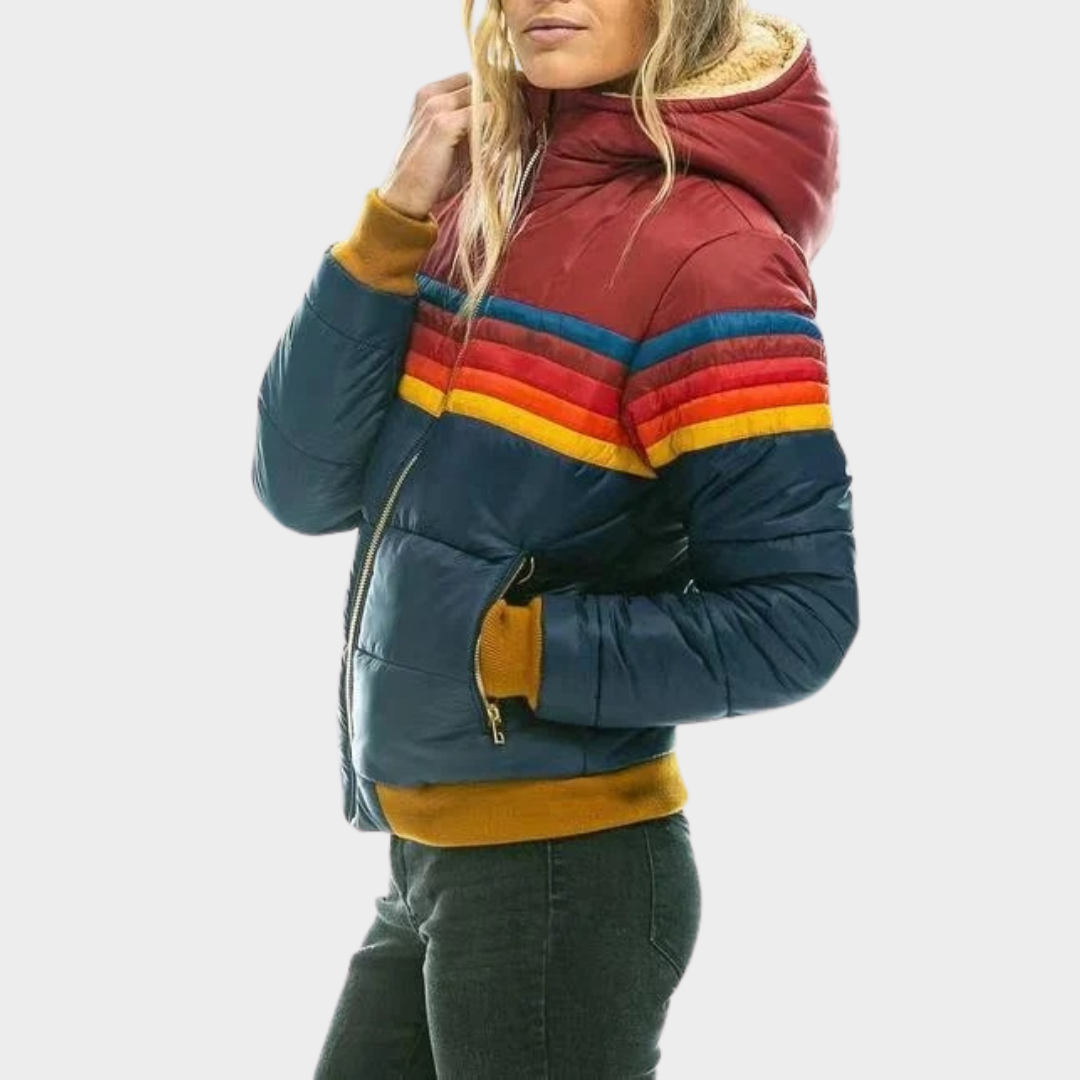 Women Hooded Puffer Jacket – Casual Printed Cotton Coat Waterproof Colour Block Outerwear Regular Fit Polyester Insulation – Multiple Colours