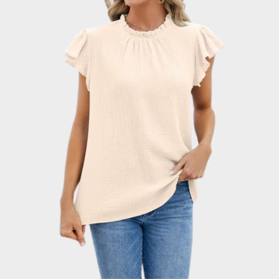 Women’s Short Sleeve Top – Relaxed Fit – Pleated Neck – Ruffle Sleeve – Comfortable Fiber Blend – Multiple Colours