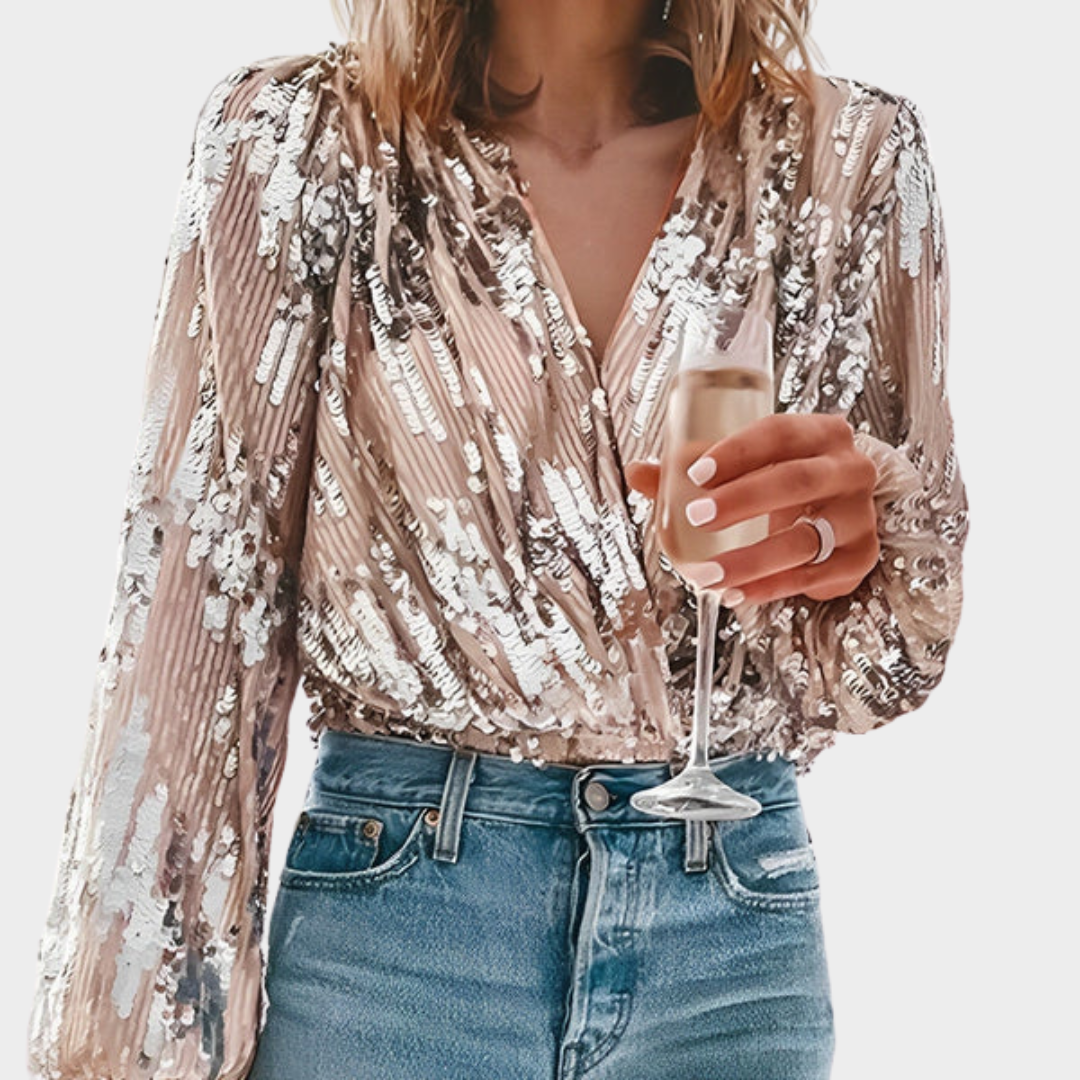 Women's Elegant Sequined Blouse – V-Neck – Lantern Sleeve – Slim Fit – Silver