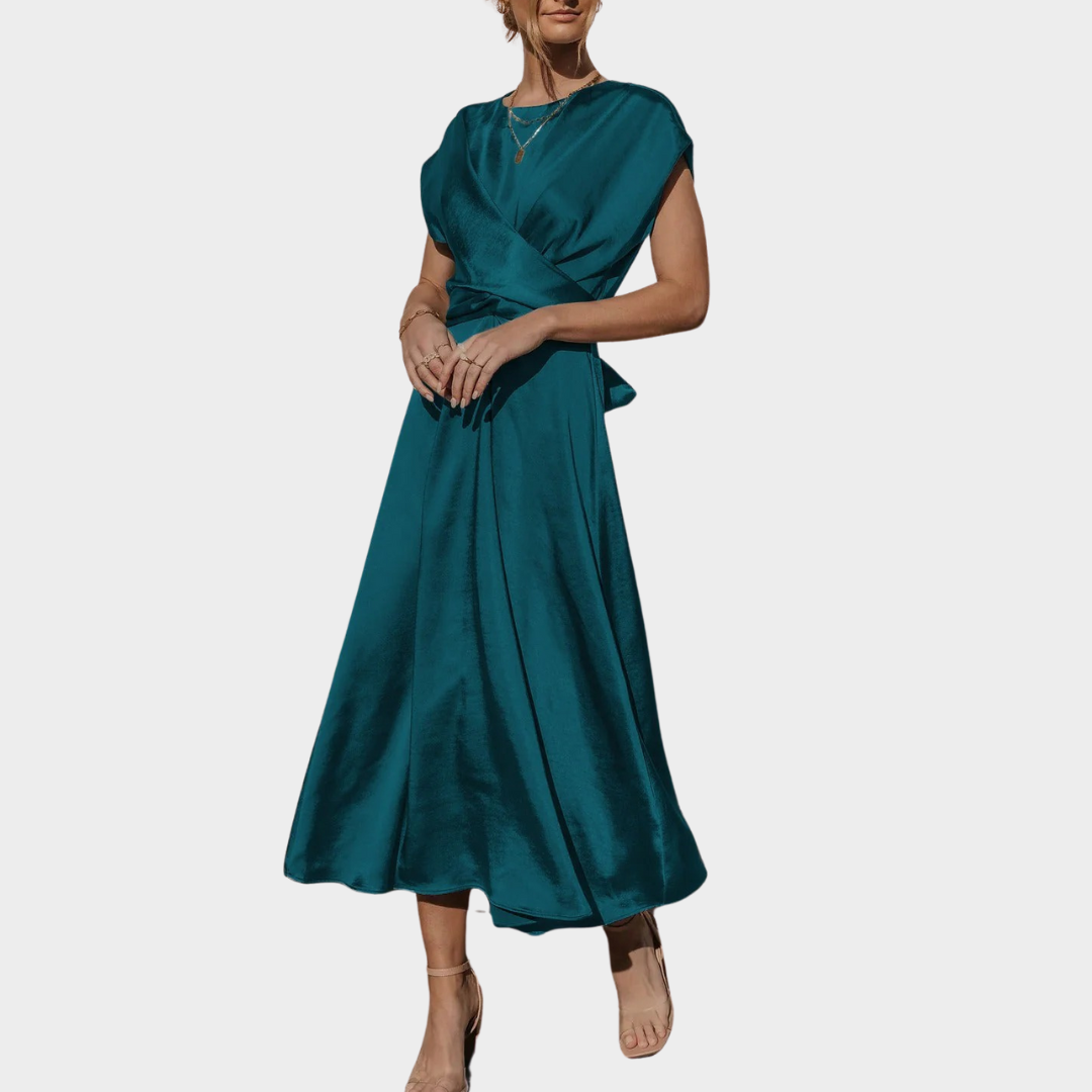 Women’s Satin Draped Evening Dress – Elegant Slim Fit with Binding Detail – Lightweight Silky Finish – Multiple Colours