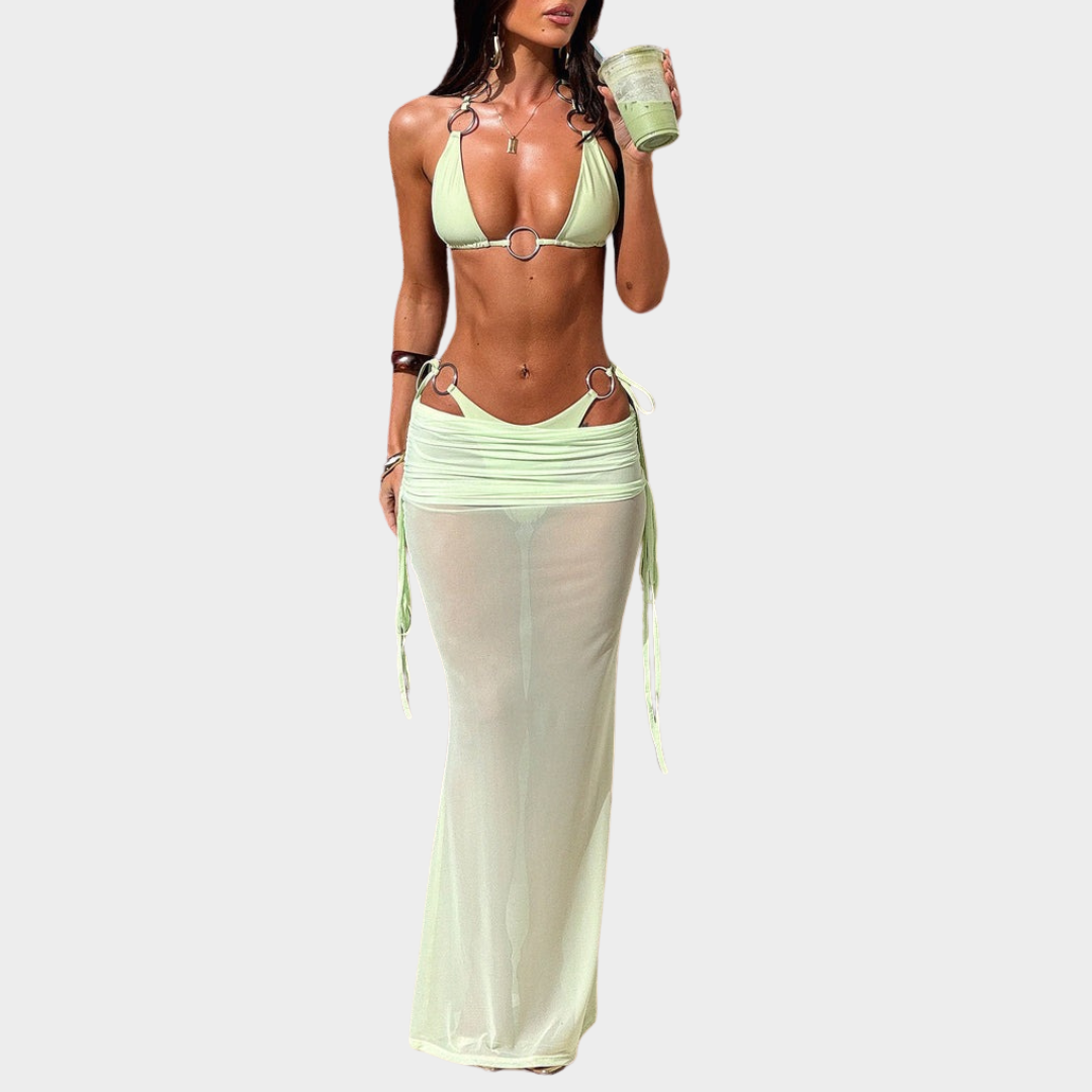 Women Mesh Maxi Skirt Set – Solid Colour Beach Outfit with Strap Detail and Metal Ring Accents – Stretch Fit – Multiple Colours