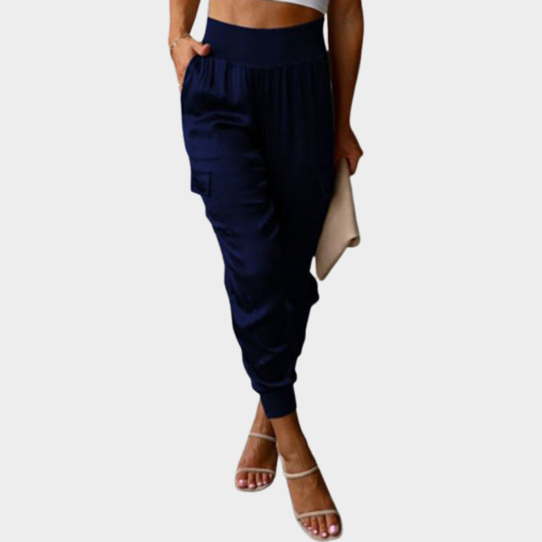 Women's Satin Cargo Trousers – Elastic Waist Office Casual Pants – Multiple Colours