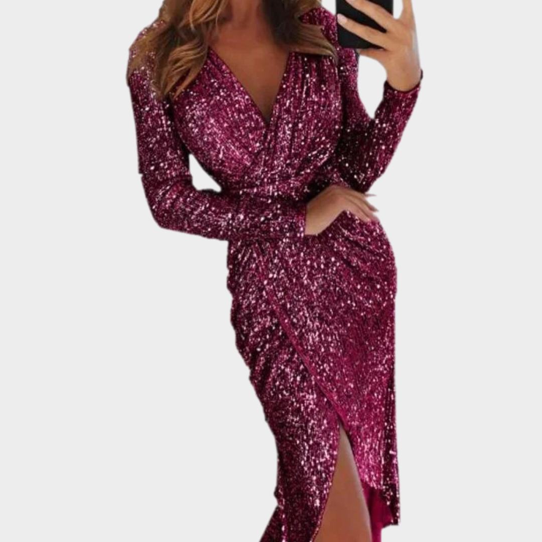 Women's Sequin Wrap Dress – Deep V-Neck – Long Sleeve – Bodycon Fit – Elegant Knee-Length Evening Wear – Multiple Colours