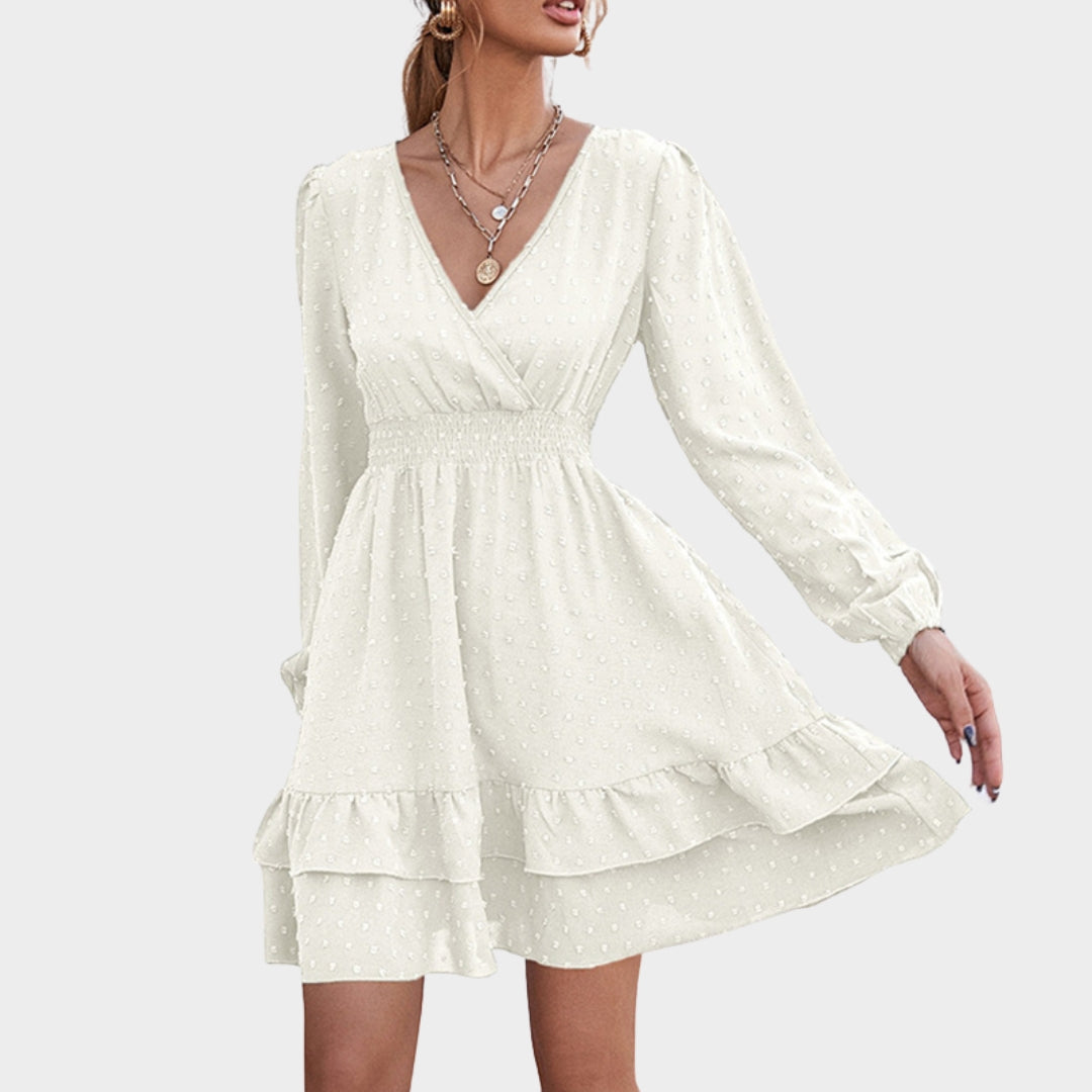 Women's Chiffon A-Line Dress - V-Neck - Long Lantern Sleeve - Waist Ruffle Detail - Multiple Colours