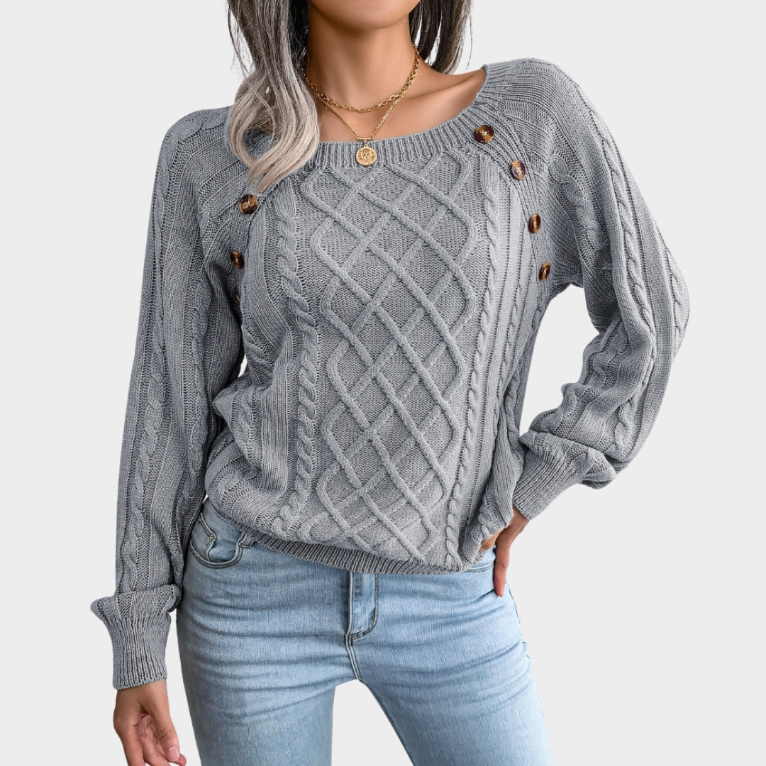 Women’s Cable Knit Sweater – Square Neck, Button Detail, Ribbed, Long Sleeve, Solid Color Pullover