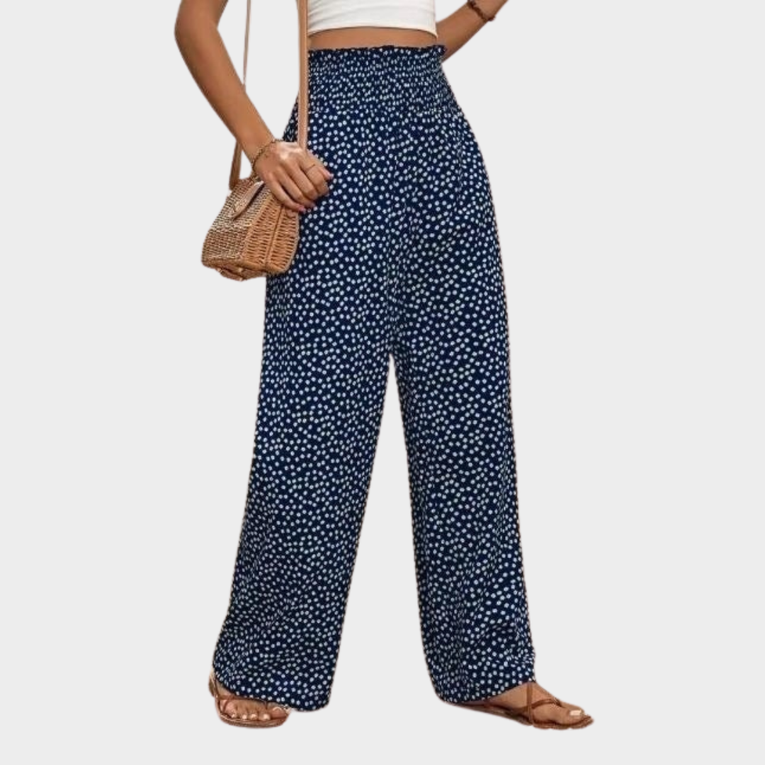 Women’s Wide-Leg Trousers – High Waist Fit – Slightly Flared – Elastic Waist – Floral Pattern – Lightweight Drape – Multiple Colours