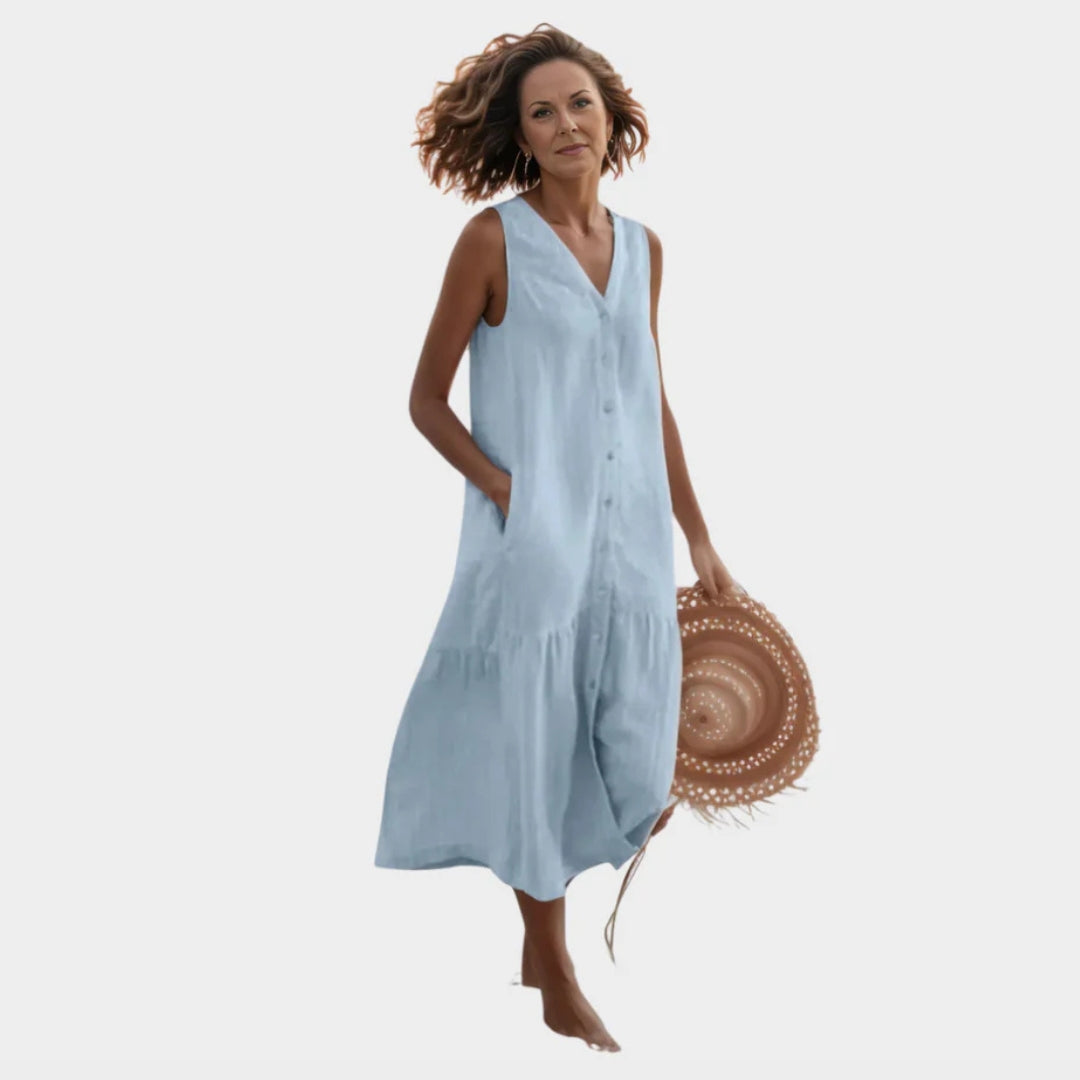 Women's Sleeveless Summer Dress – V-Neck Button-Down Swing Style with Pocket (Purple, Green, Orange, and More)