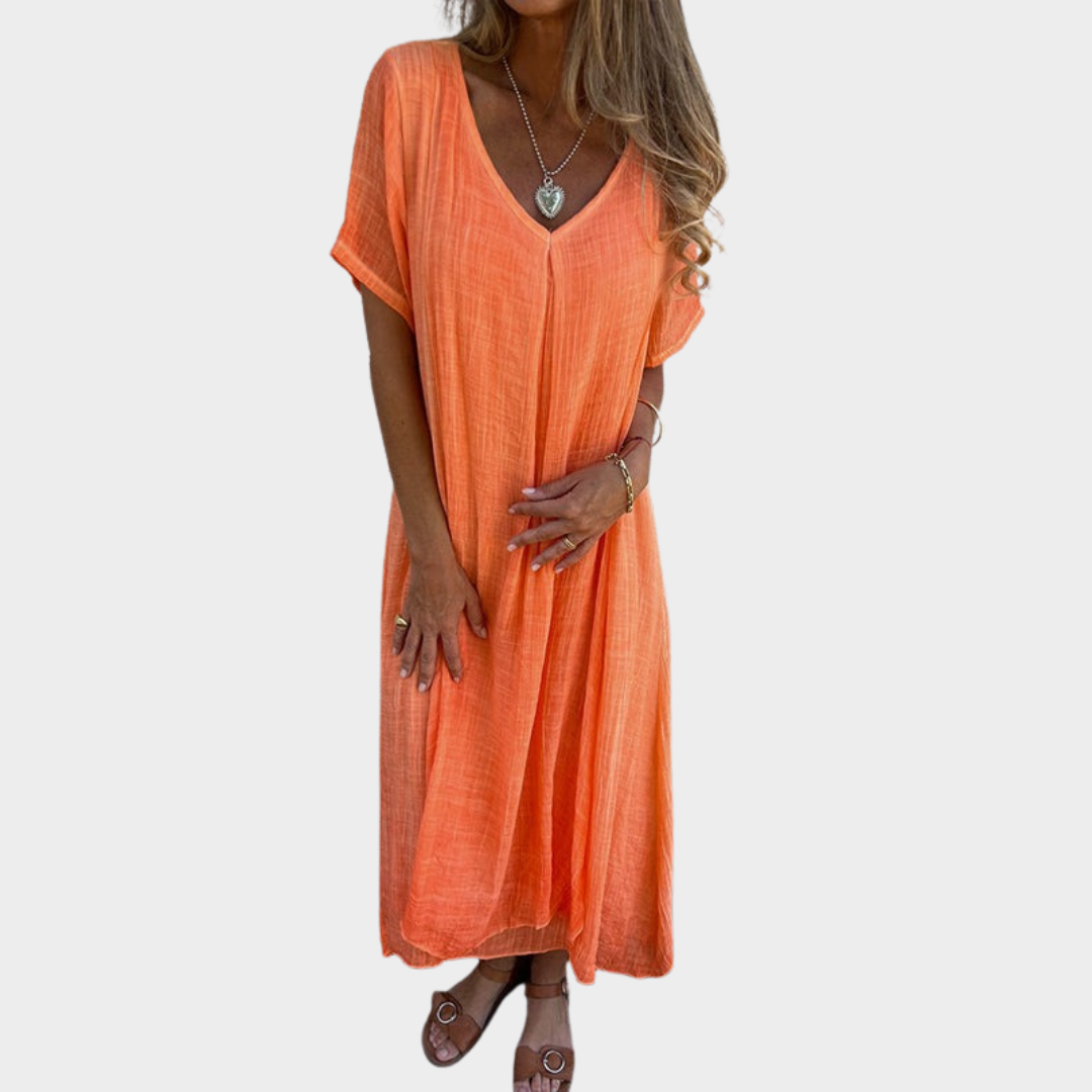 Women’s Maxi Dress – V-Neck – Loose Fit – Short Sleeve – Cotton Linen Blend – Multiple Colours