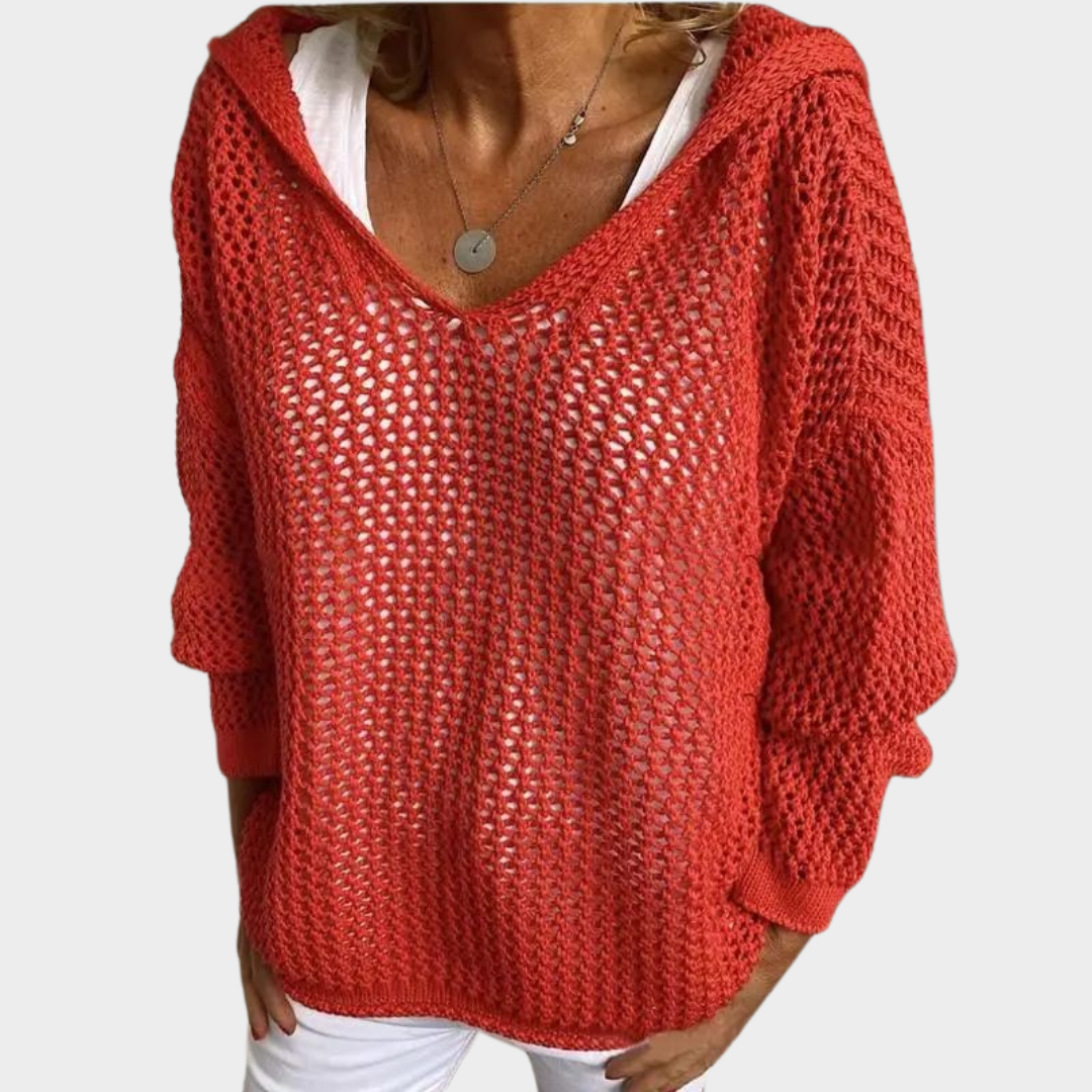 Women's V-Neck Hooded Pullover Sweater – Hollow Out Design – Long Sleeve – Lightweight & Comfortable – Multiple Colours