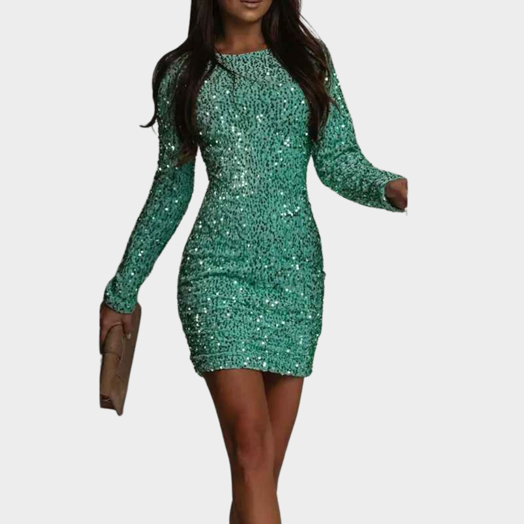 Women's Long Sleeve Mini Dress - Bling Sequin Wrap Party Dress - O-Neck Nightclub Style - Multiple Colours