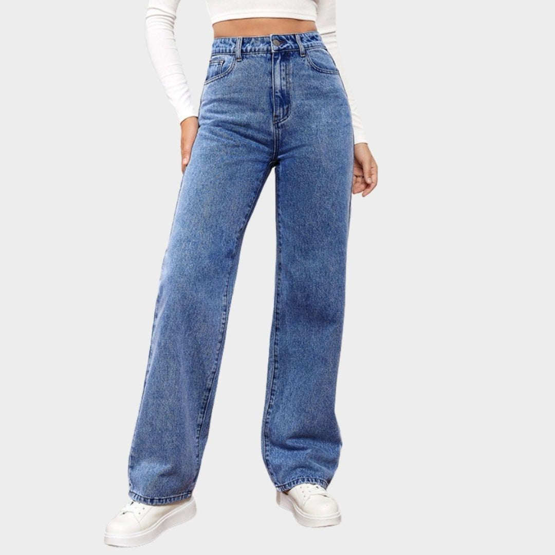Women's High-Waist Straight Jeans - Vintage Washed Denim Pants with Pockets (Black, Blue, Light Blue)