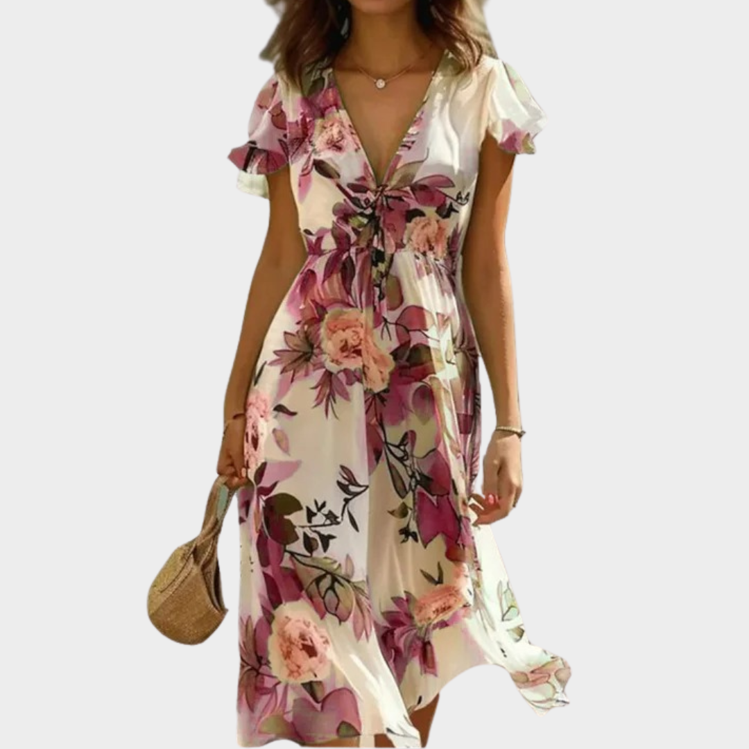 Women's Elegant Midi Dress – Short Sleeve Boho Style Party Dress – V-Neck Floral Print with Lace-Up Waist – Multiple Colours