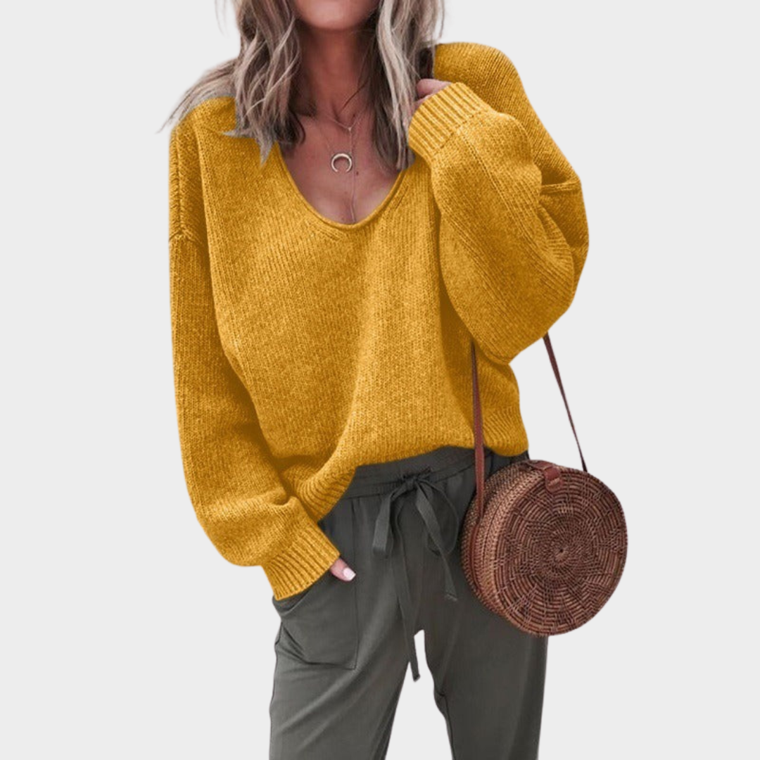 Women's Knitted V-Neck Sweater – Long Sleeve Loose Fit Pullover – Multiple Colours
