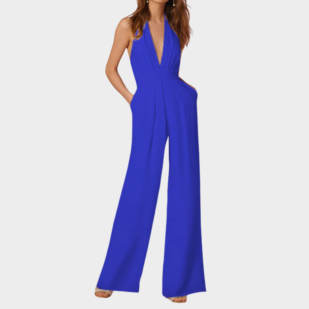 Women’s Halterneck Jumpsuit – Sleeveless Wide-Leg Fit with V-Neck & Pockets – Lightweight Polyester Blend – Multiple Colours