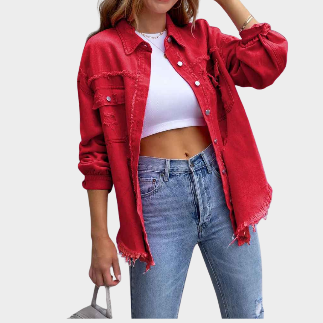 Women's Denim Jacket - Long Sleeve Casual Fit - Distressed Hollow-Out Design - Button-Up - Multiple Colours