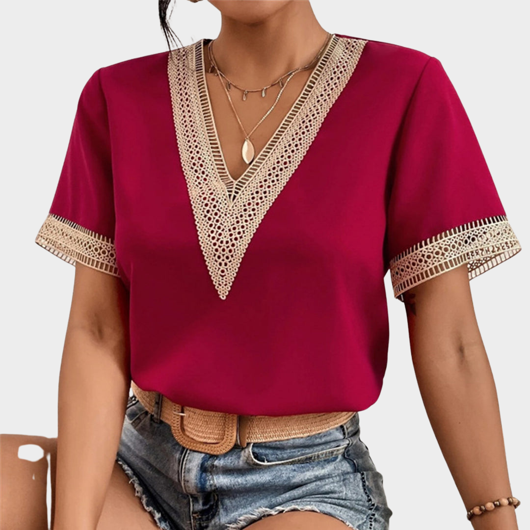 Women's V-Neck Lace T-Shirt - Short Sleeve - Slim Fit - Soft Fabric - Multiple Colours