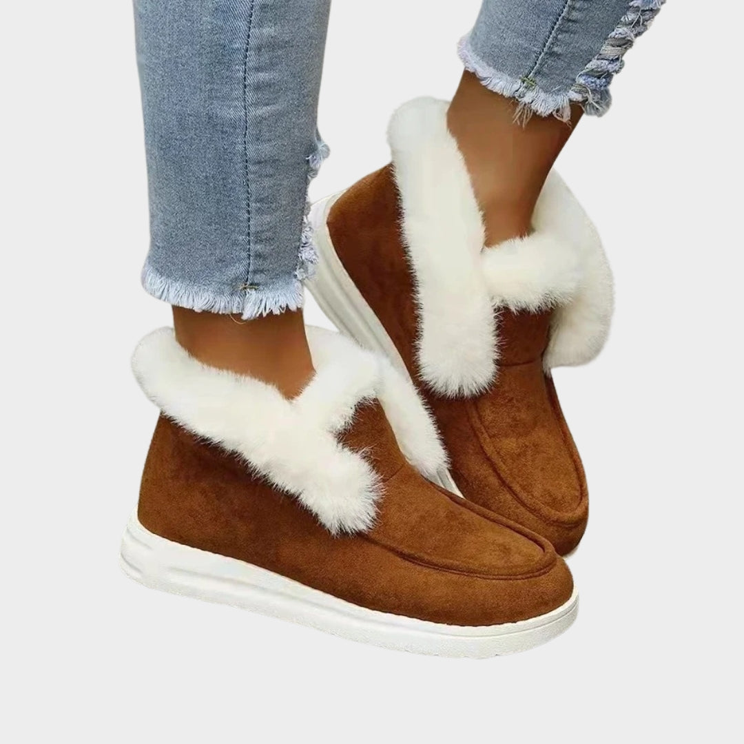 Women’s Slip-On Ankle Boots - Winter Warm Plush Fur Snow Boots, Suede Footwear, Grey, Black, Brown