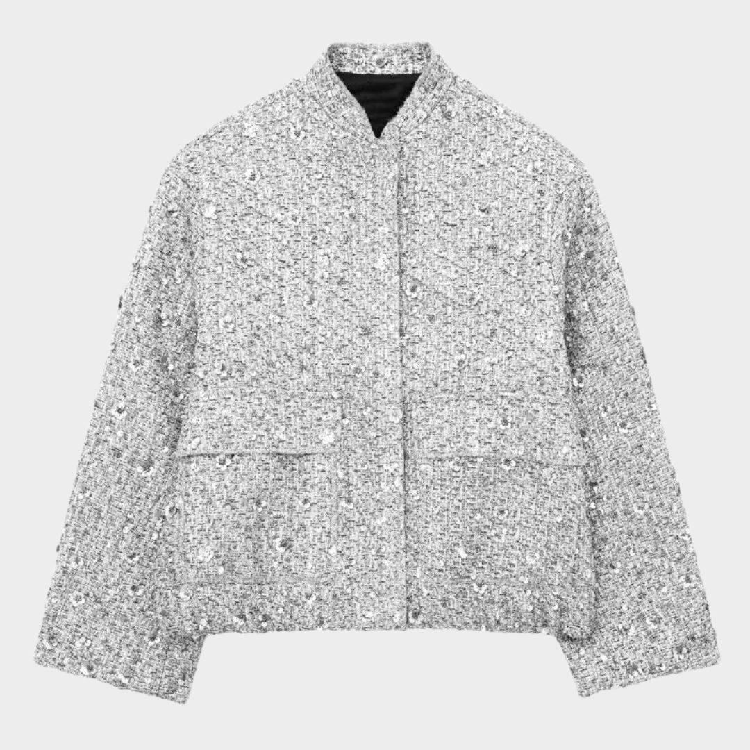 Women's Sequined Bomber Jacket – Long Sleeve – Zip-Up – Stretch Hem – Chic Outerwear – Multiple Colours