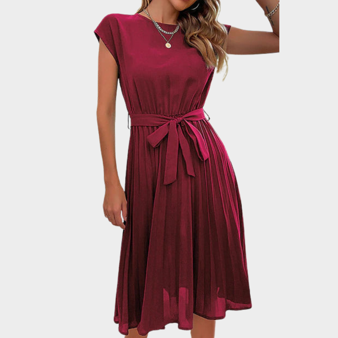 Women's Short Sleeve Pleated Midi Dress – Elegant & Flowy – O-Neck Tunic – Multiple Colours