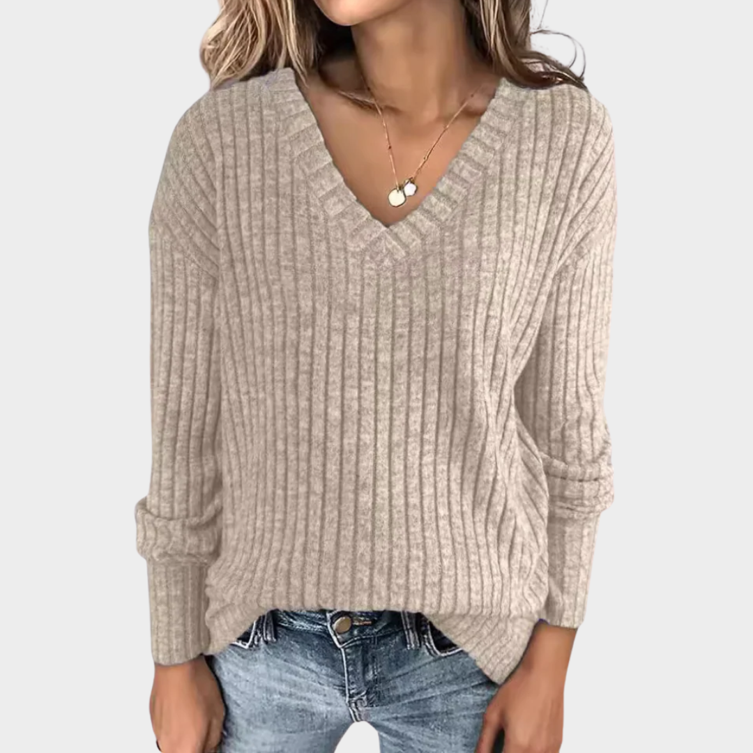 Women Knitted Sweater – Long Sleeve T Shirt Style with Pit Stripe and V Collar – Lightweight Polyester Blend – Multiple Colours