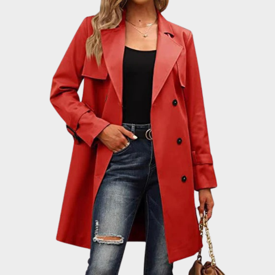 Women Double Breasted Trench Coat – Long Casual Jacket with Solid Colour Design Slim Fit Outwear – Multiple Colours