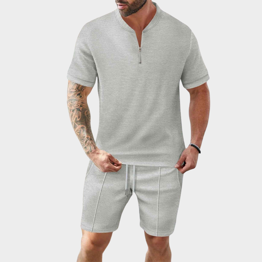 Men's Co-Ord Set – Waffle Textured Zip Collar Short Sleeve Shirt with Matching Shorts – Multiple Colours