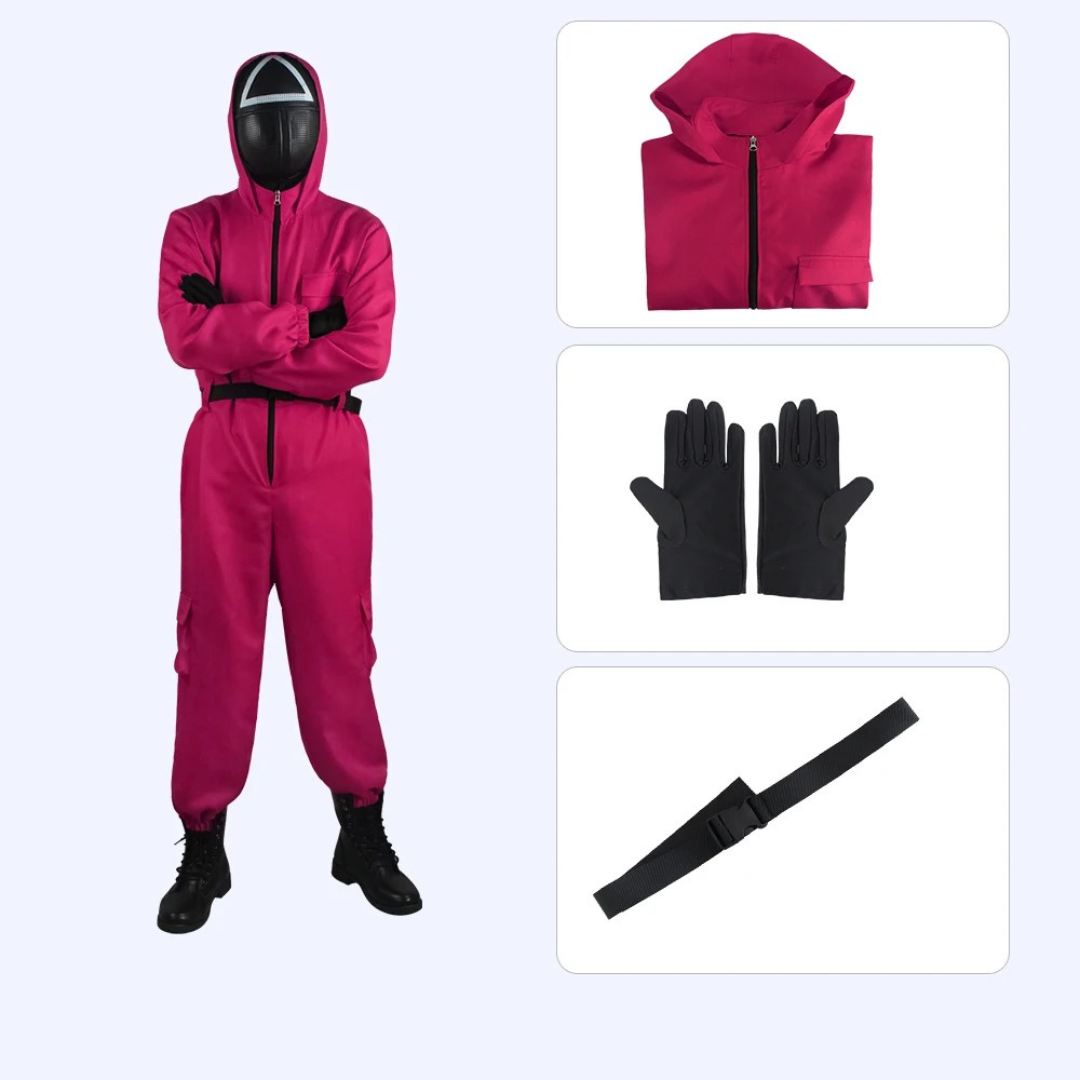 Squid Game Guard Halloween Costume – Unisex Cosplay Jumpsuit with Mask Options for Adults & Teens – Hooded Overall Outfit – Multiple Colours