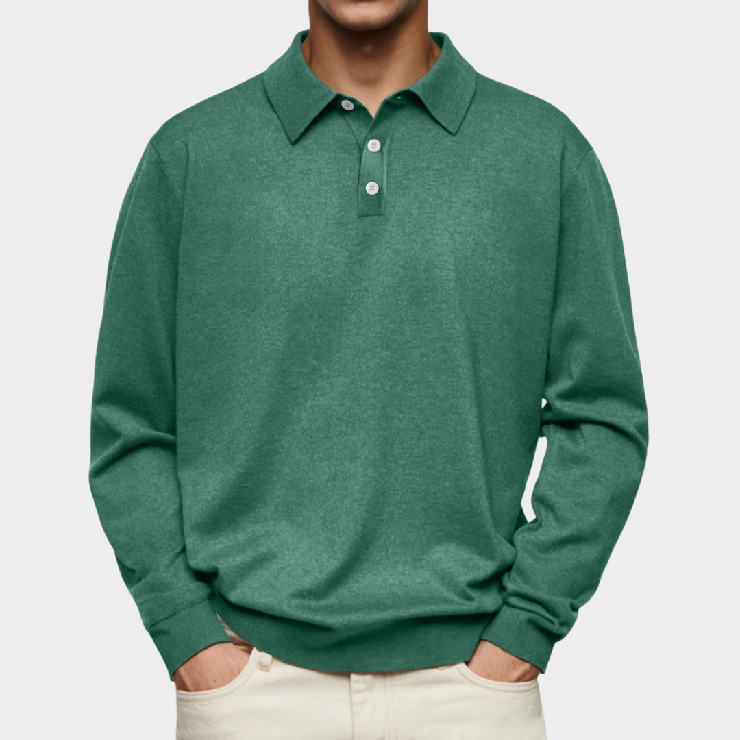 Men’s Long Sleeve Polo Sweatshirt – V-Neck Casual Fit – Velvet Texture with Button Detail – Multiple Colours